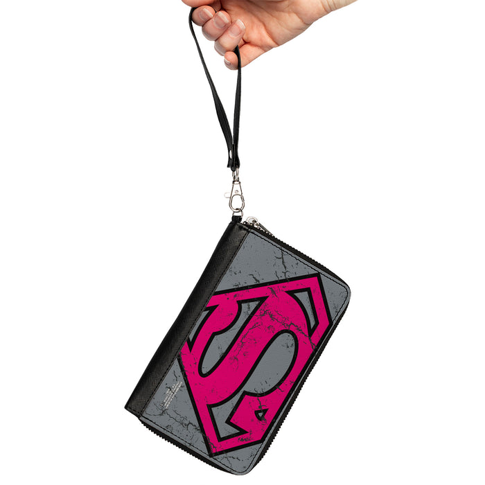 Women's PU Zip Around Wallet Rectangle - Superman Shield CLOSE-UP Weathered Grays Black Pink Clutch Zip Around Wallets DC Comics   