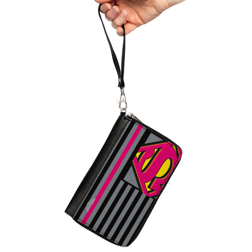 Women's PU Zip Around Wallet Rectangle - Superman Shield Americana Stripes Gray Black Pinks Yellow Clutch Zip Around Wallets DC Comics   