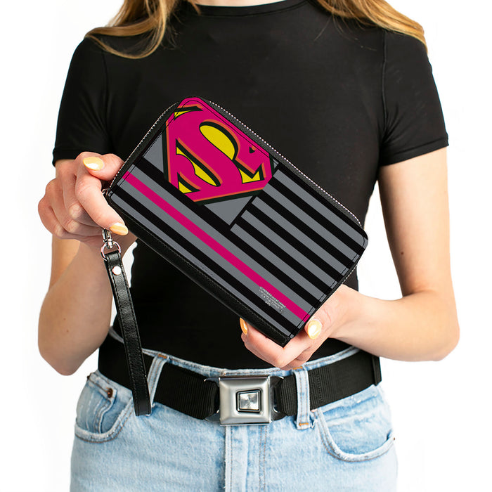 Women's PU Zip Around Wallet Rectangle - Superman Shield Americana Stripes Gray Black Pinks Yellow Clutch Zip Around Wallets DC Comics   