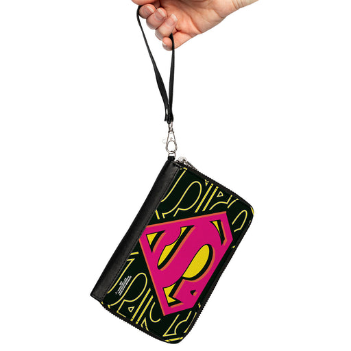 Women's PU Zip Around Wallet Rectangle - Superman Shield CLOSE-UP Outlines Black Yellow Orange Hot Pink Clutch Zip Around Wallets DC Comics   