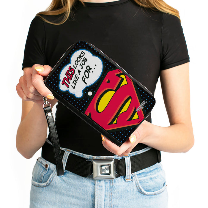 Women's PU Zip Around Wallet Rectangle - Superman Shield THIS LOOKS LIKE A JOB FOR...Superman Shield Halftone Black Blue Clutch Zip Around Wallets DC Comics   