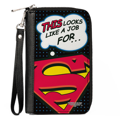 Women's PU Zip Around Wallet Rectangle - Superman Shield THIS LOOKS LIKE A JOB FOR...Superman Shield Halftone Black Blue Clutch Zip Around Wallets DC Comics   