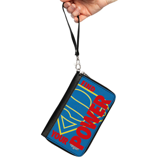 Women's PU Zip Around Wallet Rectangle - Superman Shield FIND YOUR POWER Blue Yellow Red Clutch Zip Around Wallets DC Comics   