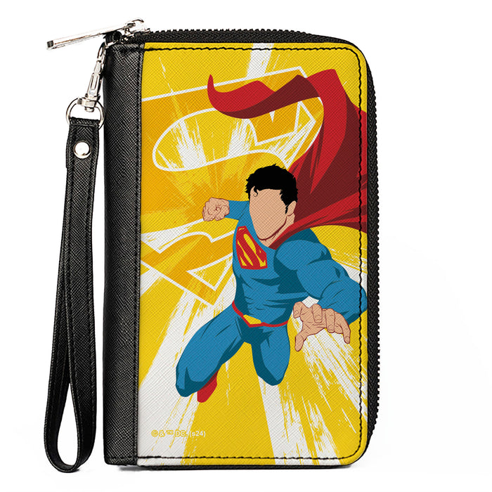 PU Zip Around Wallet Rectangle - Superman No Face Pose and Shield Logo Rays Yellows Clutch Zip Around Wallets DC Comics