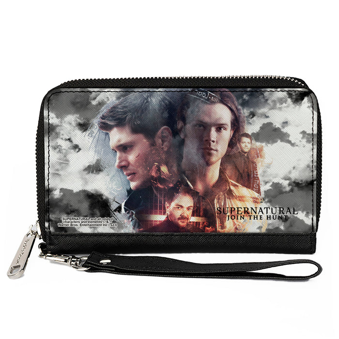 PU Zip Around Wallet Rectangle - Supernatural 4-Character Collage in Clouds Grays/Sepia