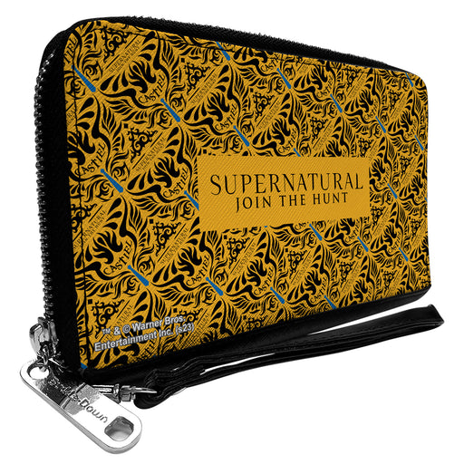 PU Zip Around Wallet Rectangle - SUPERNATURAL JOIN THE HUNT Title Logo and CASTIEL Wings Repeat Yellow/Black Clutch Zip Around Wallets Supernatural   