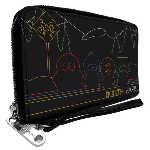 PU Zip Around Wallet Rectangle - SOUTH PARK Boys at Bus Line Silhouette Black/Multi Color Clutch Zip Around Wallets Comedy Central   
