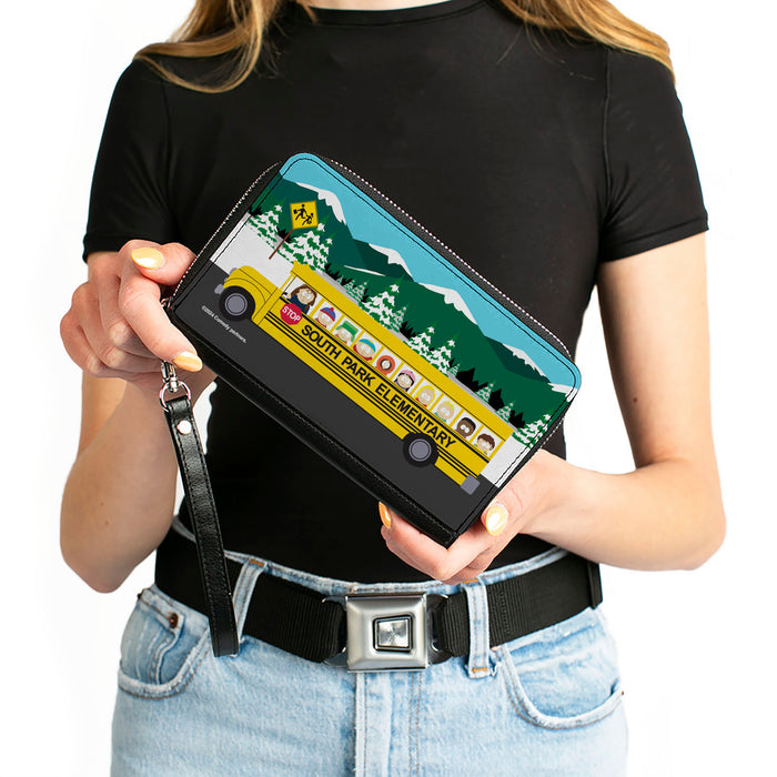 PU Zip Around Wallet Rectangle - SOUTH PARK ELEMENTARY School Bus Character Group Scene Clutch Zip Around Wallets Comedy Central