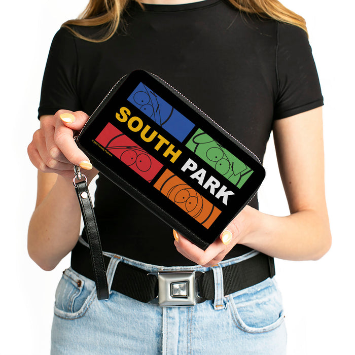 PU Zip Around Wallet Rectangle - SOUTH PARK Boys Face Blocks and Text Black/Multi Color Clutch Zip Around Wallets Comedy Central   