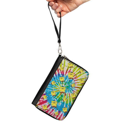 PU Zip Around Wallet Rectangle - SpongeBob Dancing Pose Scattered Tie Dye Multi Color Clutch Zip Around Wallets Nickelodeon   
