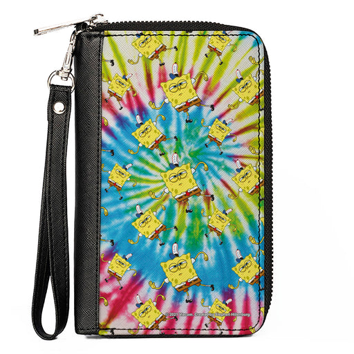PU Zip Around Wallet Rectangle - SpongeBob Dancing Pose Scattered Tie Dye Multi Color Clutch Zip Around Wallets Nickelodeon   