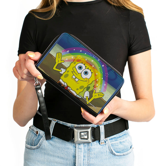 PU Zip Around Wallet Rectangle - SpongeBob SquarePants Imagination Smiling Rainbow Pose Clutch Zip Around Wallets Nickelodeon   