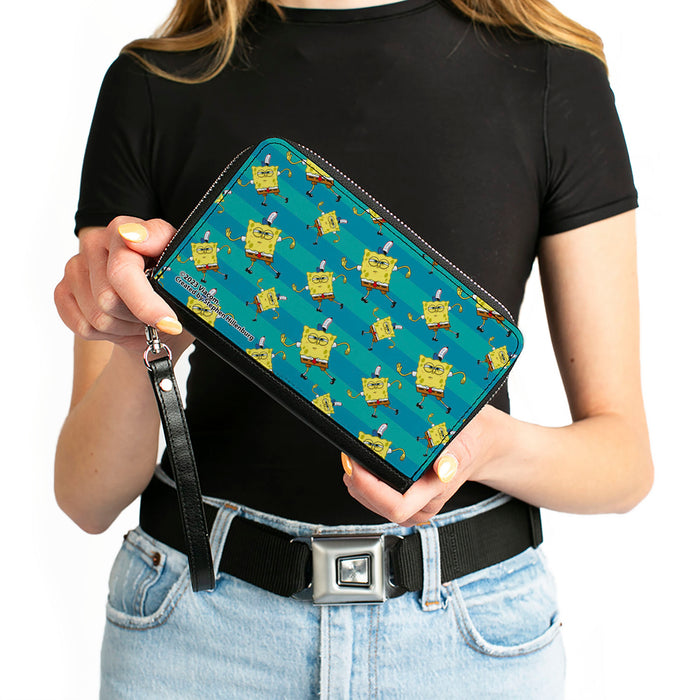 PU Zip Around Wallet Rectangle - SpongeBob Dancing Pose Scattered Stripe Teal Blues Clutch Zip Around Wallets Nickelodeon   