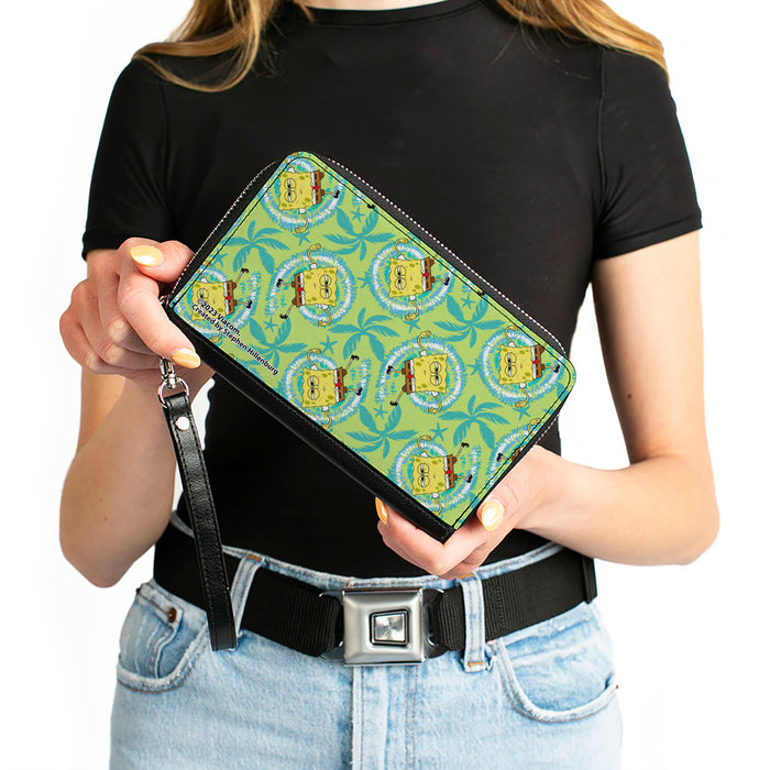 PU Zip Around Wallet Rectangle - SpongeBob Wavy Noodle Arm Pose Tropical Tie Dye Green/Blue/White Clutch Zip Around Wallets Nickelodeon   