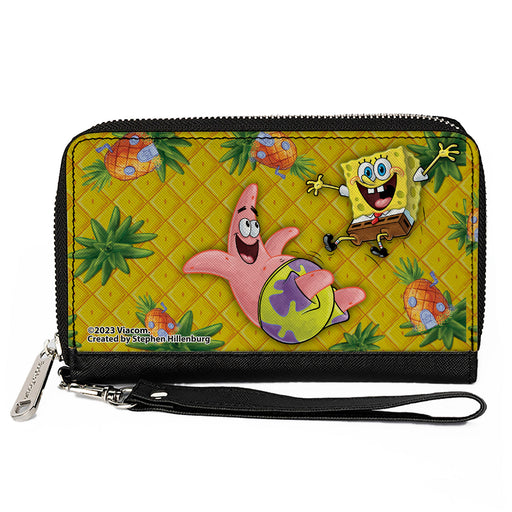 PU Zip Around Wallet Rectangle - SpongeBob SquarePants & Patrick Star Pose Pineapple Gold Clutch Zip Around Wallets Nickelodeon   