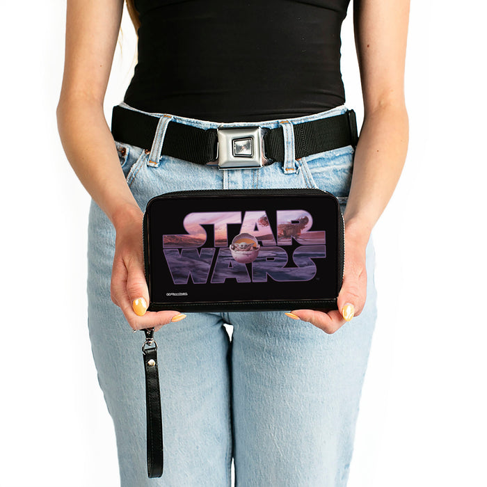 Women's PU Zip Around Wallet Rectangle - STAR WARS The Child Pod Pose Black Vivid Landscape Clutch Zip Around Wallets Star Wars   