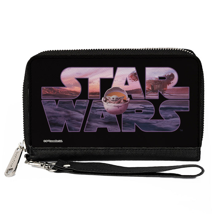 Women's PU Zip Around Wallet Rectangle - STAR WARS The Child Pod Pose Black Vivid Landscape Clutch Zip Around Wallets Star Wars   