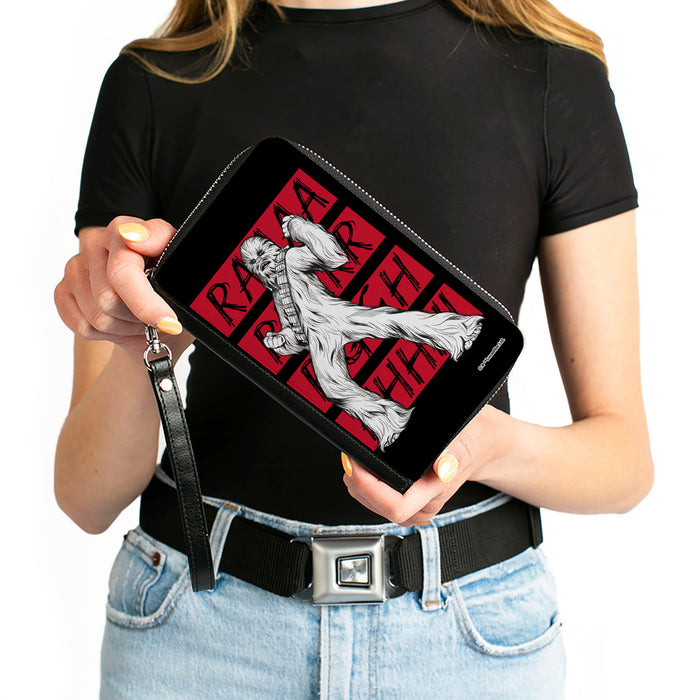 PU Zip Around Wallet Rectangle - Star Wars Chewbacca Roar Pose and Text Black/Red/White Clutch Zip Around Wallets Star Wars   
