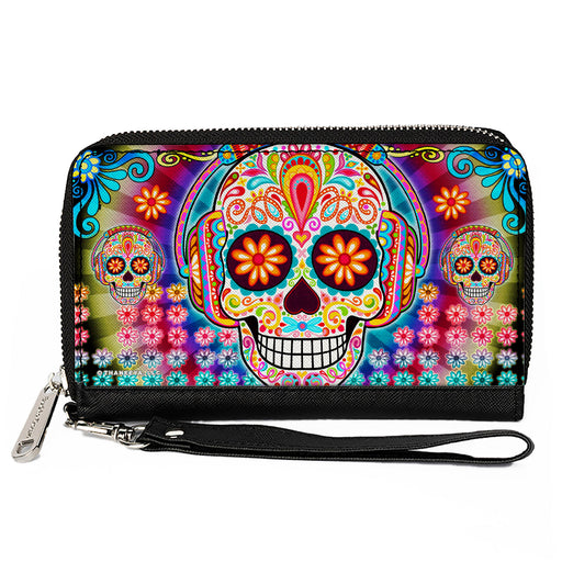 PU Zip Around Wallet Rectangle - Tranquility Beats Calaveras & Flowers/Rays Black/Multi Color Clutch Zip Around Wallets Thaneeya McArdle   