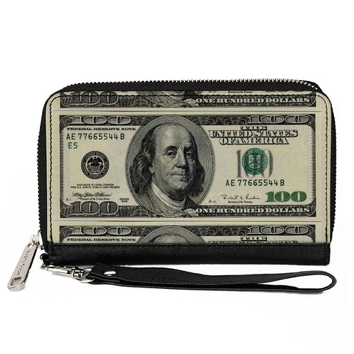 PU Zip Around Wallet Rectangle - 100 Dollar Bills Clutch Zip Around Wallets Buckle-Down   