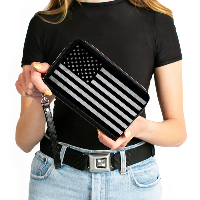 PU Zip Around Wallet Rectangle - American Flag Weathered Black/White Single Clutch Zip Around Wallets Buckle-Down   