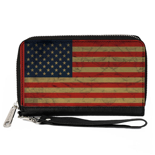 PU Zip Around Wallet Rectangle - American Flag Weathered Single Clutch Zip Around Wallets Buckle-Down   