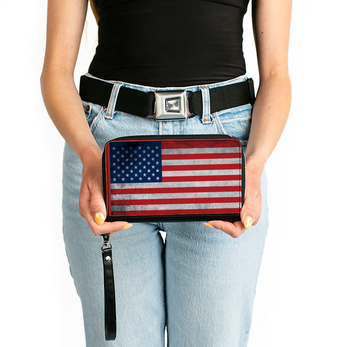 PU Zip Around Wallet Rectangle - American Flag Distressed Single Clutch Zip Around Wallets Buckle-Down   