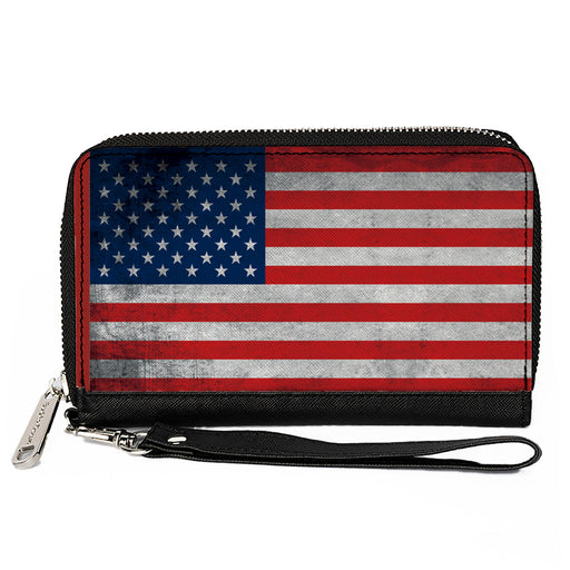 PU Zip Around Wallet Rectangle - American Flag Distressed Single Clutch Zip Around Wallets Buckle-Down   