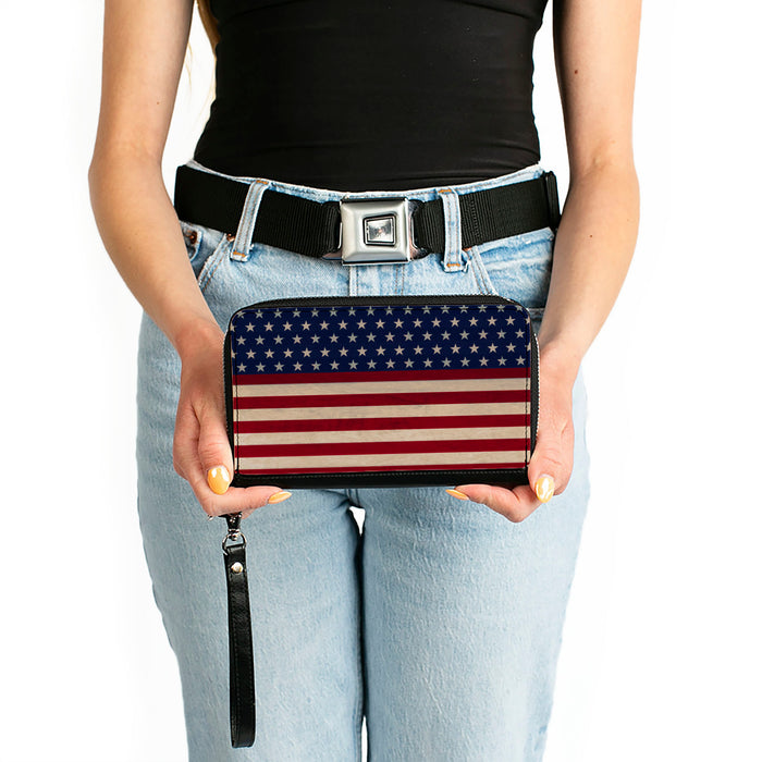PU Zip Around Wallet Rectangle - American Flag Stripe Clutch Zip Around Wallets Buckle-Down   
