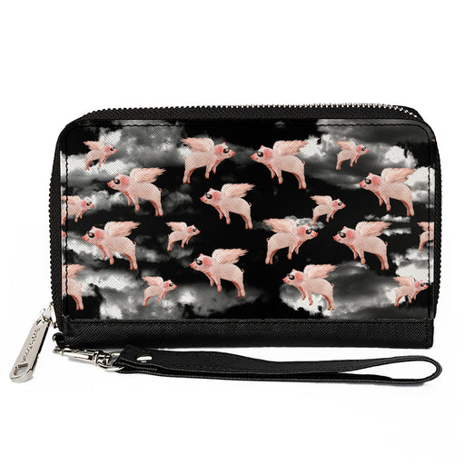 PU Zip Around Wallet Rectangle - Flying Pigs Black/White/Pink Clutch Zip Around Wallets Buckle-Down   
