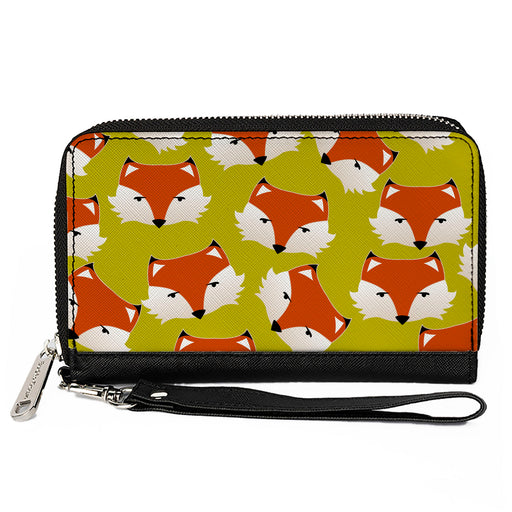 PU Zip Around Wallet Rectangle - Fox Face Scattered Warm Olive Clutch Zip Around Wallets Buckle-Down   