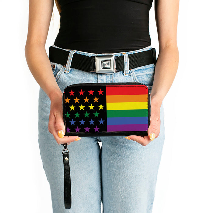 Women's PU Zip Around Wallet Rectangle - Flag American Pride Rainbow Black Clutch Zip Around Wallets Buckle-Down   