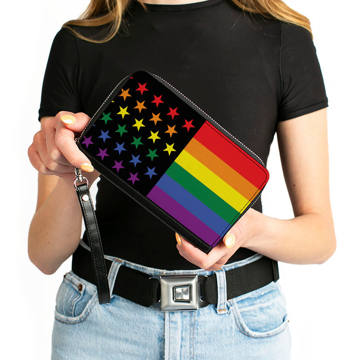 Women's PU Zip Around Wallet Rectangle - Flag American Pride Rainbow Black