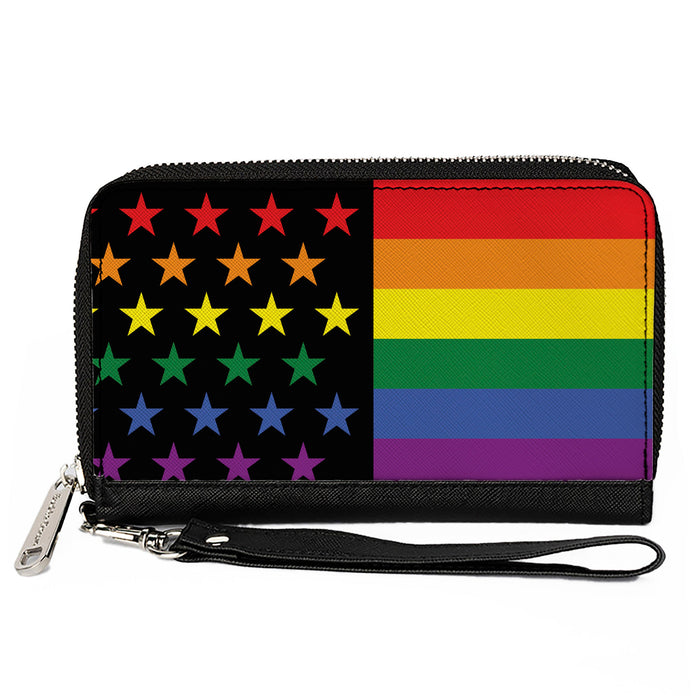 Women's PU Zip Around Wallet Rectangle - Flag American Pride Rainbow Black
