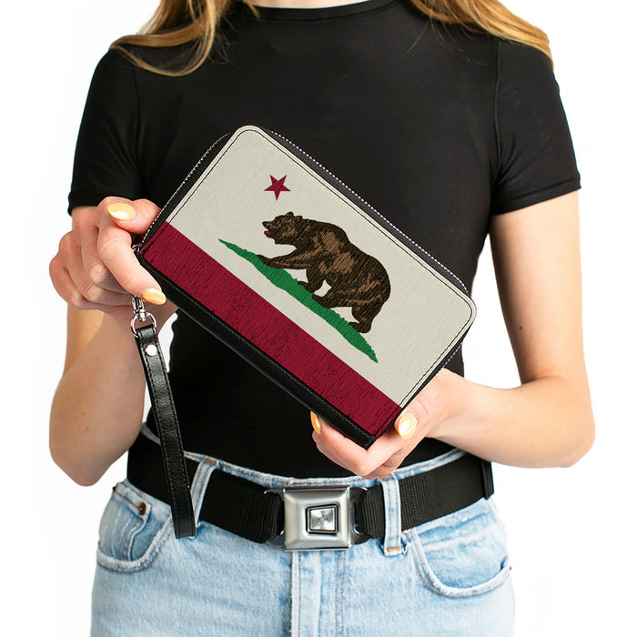 PU Zip Around Wallet Rectangle - California Flag Bear Weathered White Clutch Zip Around Wallets Buckle-Down   