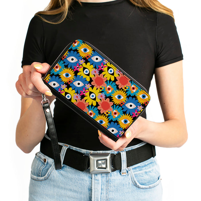 PU Zip Around Wallet Rectangle - Funky Eye Flowers Black/Multi Color Clutch Zip Around Wallets Buckle-Down   
