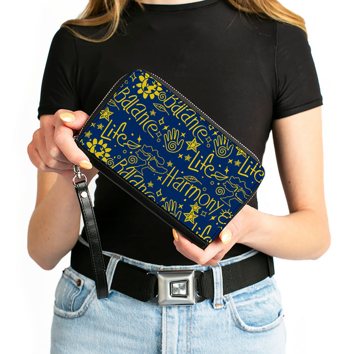 PU Zip Around Wallet Rectangle - HARMONY BALANCE LIFE Icons Collage Blue/Yellow Clutch Zip Around Wallets Buckle-Down   