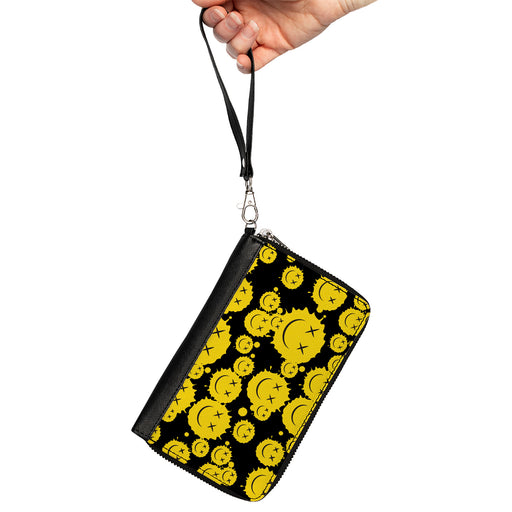 PU Zip Around Wallet Rectangle - Smiley Face Splatter Scattered Black/Yellow Clutch Zip Around Wallets Buckle-Down   