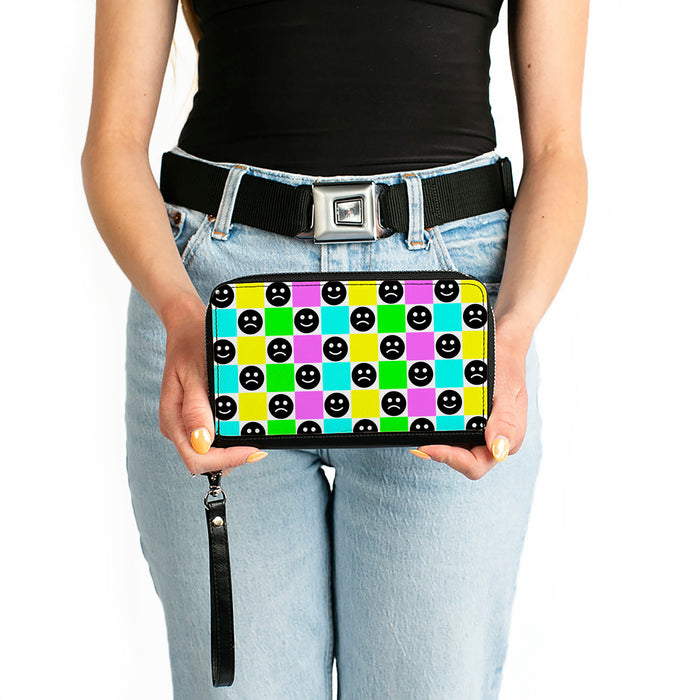 PU Zip Around Wallet Rectangle - Smiley Sad Face Checker Multi Color/White Clutch Zip Around Wallets Buckle-Down   