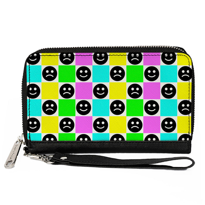 PU Zip Around Wallet Rectangle - Smiley Sad Face Checker Multi Color/White Clutch Zip Around Wallets Buckle-Down   