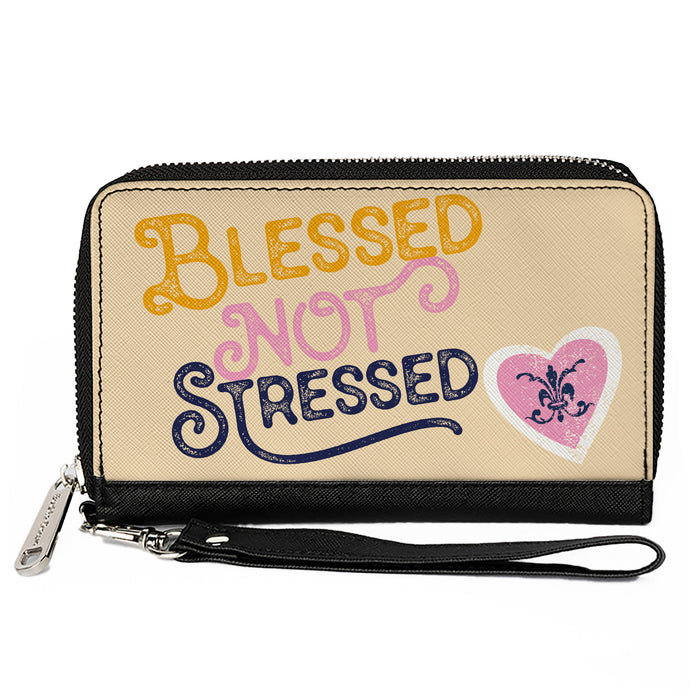 PU Zip Around Wallet Rectangle - BLESSED NOT STRESSED Quote Fleur-de-Lis Beige Multi Color Clutch Zip Around Wallets Buckle-Down   