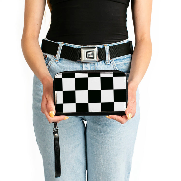 Women's PU Zip Around Wallet Rectangle - Checker CLOSE-UP Black White Clutch Zip Around Wallets Buckle-Down   