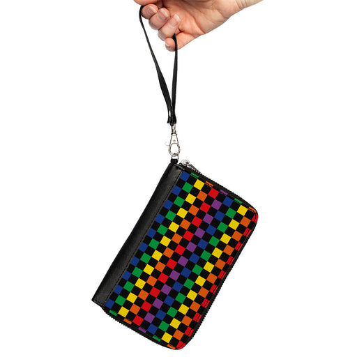 Women's PU Zip Around Wallet Rectangle - Checker Black Rainbow Multi Color Clutch Zip Around Wallets Buckle-Down   