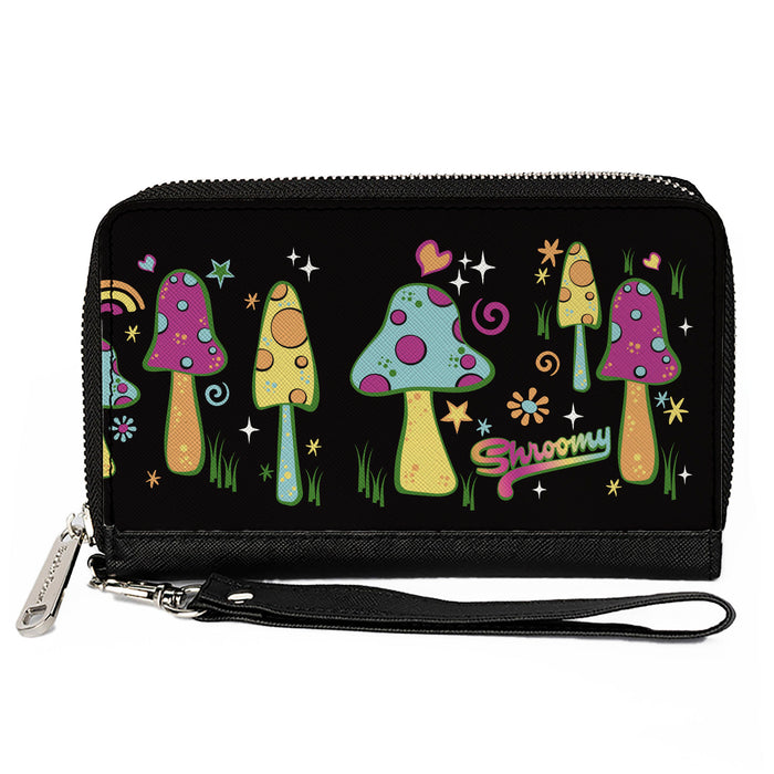 PU Zip Around Wallet Rectangle - Mushroom SHROOMY Vibrant Garden2 Black Multi Color