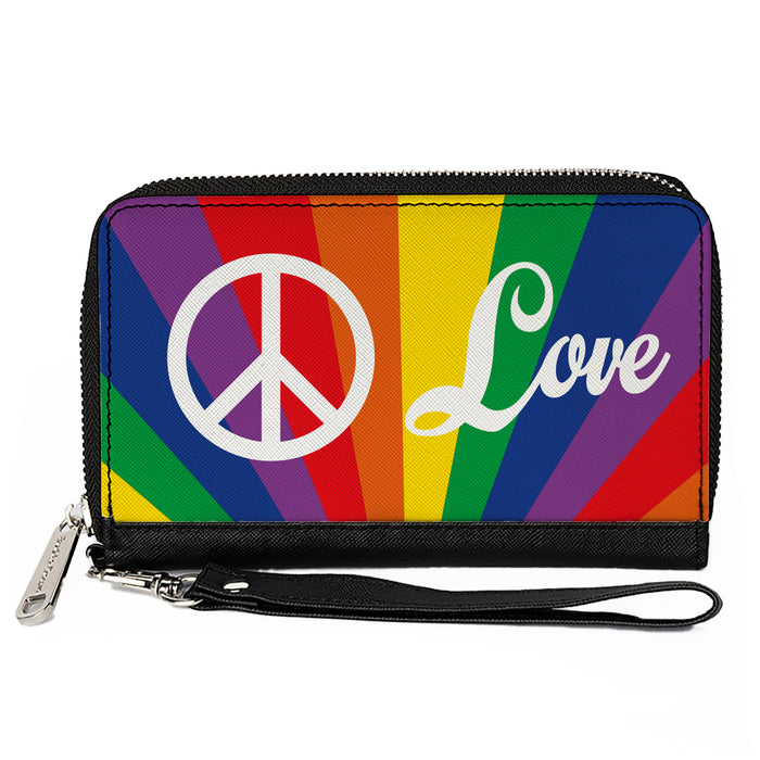 Women's PU Zip Around Wallet Rectangle - PEACE and LOVE Rainbow Rays Multi Color White Clutch Zip Around Wallets Buckle-Down   