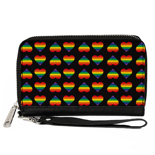 Women's PU Zip Around Wallet Rectangle - Rainbow Hearts Flip Black Multi Color Clutch Zip Around Wallets Buckle-Down   