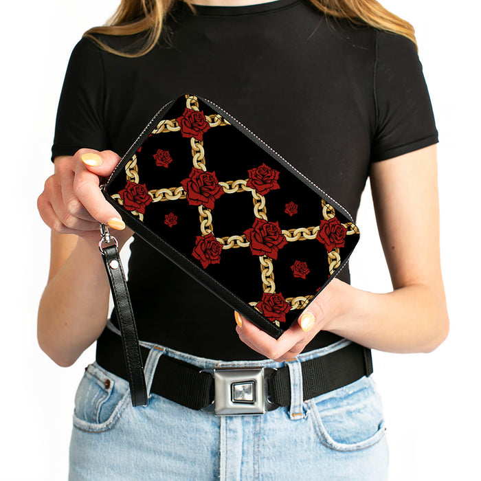 PU Zip Around Wallet Rectangle - Red Roses and Gold Chain Black Clutch Zip Around Wallets Buckle-Down   