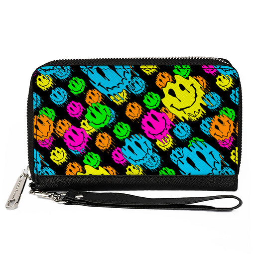 PU Zip Around Wallet Rectangle - Smiley Faces Melted Stacked Black Multi Neon Clutch Zip Around Wallets Buckle-Down   