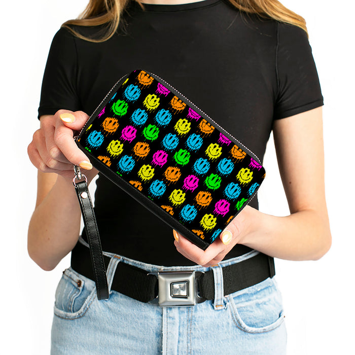 PU Zip Around Wallet Rectangle - Smiley Faces Melted Mini Repeat Black Multi Neon Clutch Zip Around Wallets Buckle-Down   