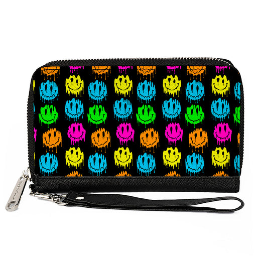PU Zip Around Wallet Rectangle - Smiley Faces Melted Mini Repeat Black Multi Neon Clutch Zip Around Wallets Buckle-Down   